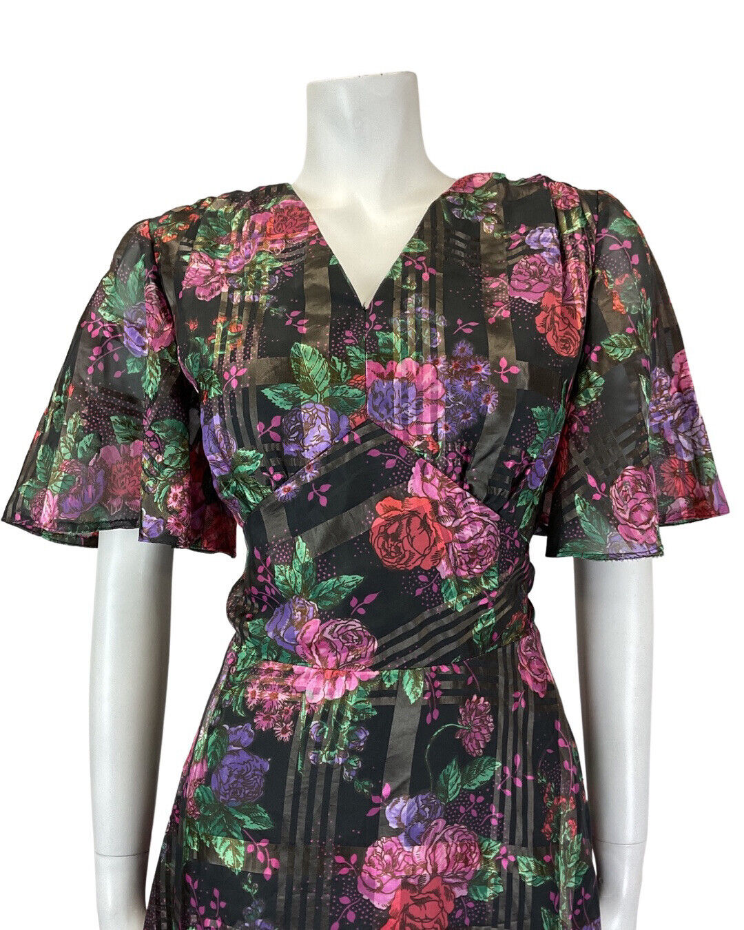 VINTAGE 60s 70s BLACK PINK PURPLE PLAID FLORAL ROSE SHEER SWING TEA DRESS 10 12