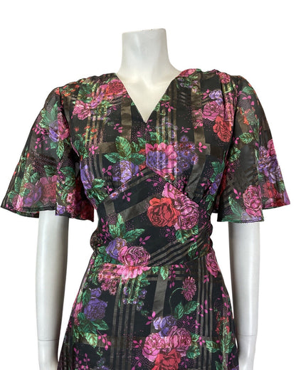 VINTAGE 60s 70s BLACK PINK PURPLE PLAID FLORAL ROSE SHEER SWING TEA DRESS 10 12