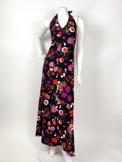 VTG 60s 70s PSYCHEDELIC BLUE RED PINK BROWN FLORAL HALTER MAXI SUMMER DRESS 8