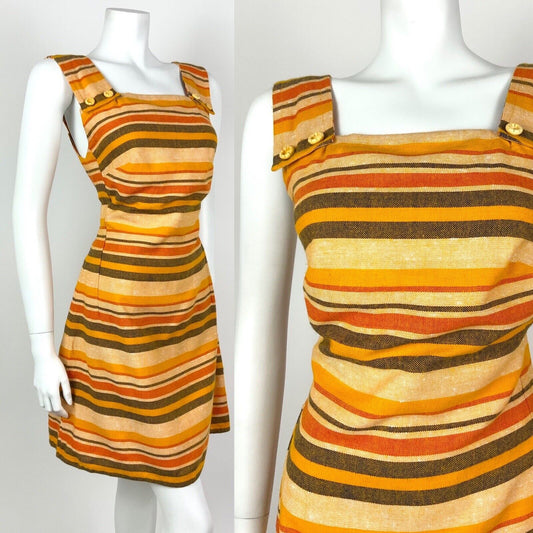 VINTAGE 60s 70s YELLOW ORANGE RED BLACK STRIPED MOD STRAPPY PINNY DRESS 10