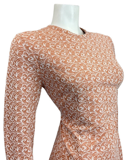 VINTAGE 60s 70s PEACH ORANGE WHITE SWIRL LONG-SLEEVE MOD SHORT DRESS 14 16