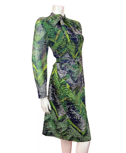 VINTAGE 60s 70s BLUE GREEN WHITE STRIPED PSYCHEDELIC SHEER PUSSYBOW DRESS 14 16