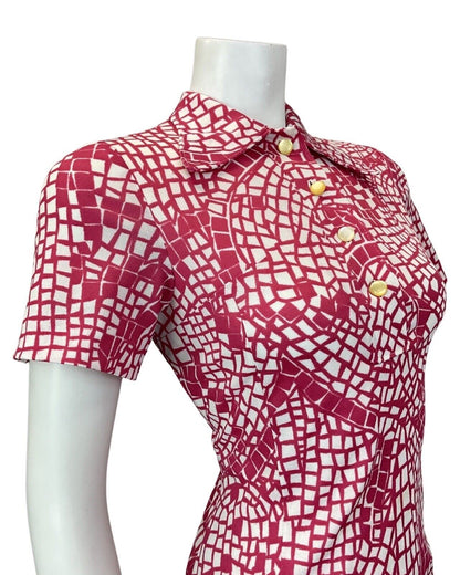 VINTAGE 60s 70s PINK WHITE PSYCHEDELIC GEOMETRIC MOD SHORT SHIRT DRESS 10 12