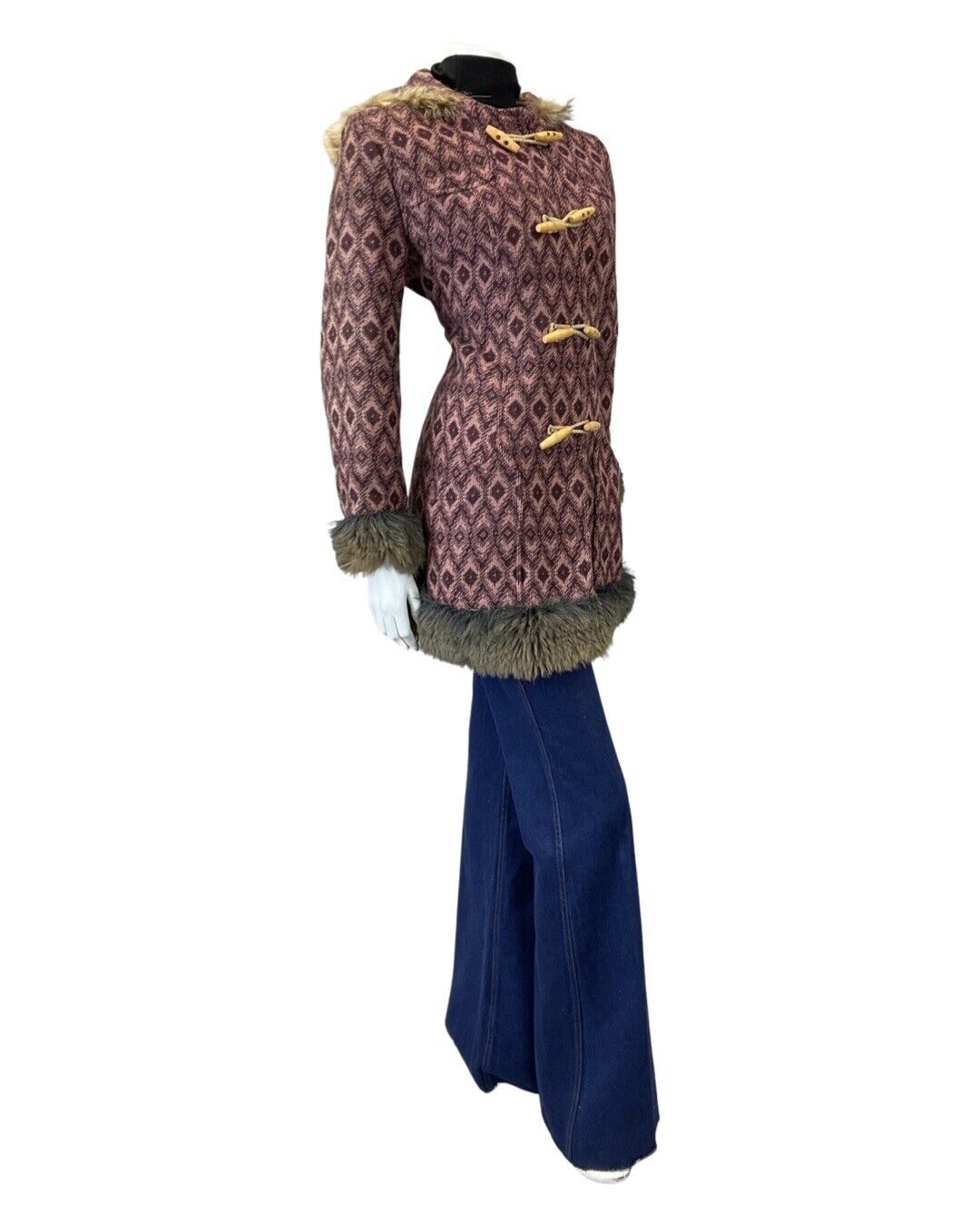 VINTAGE 60s 70s PURPLE PINK IKAT GEOMETRIC TOGGLE HOODED MOD WOOL COAT 14 16