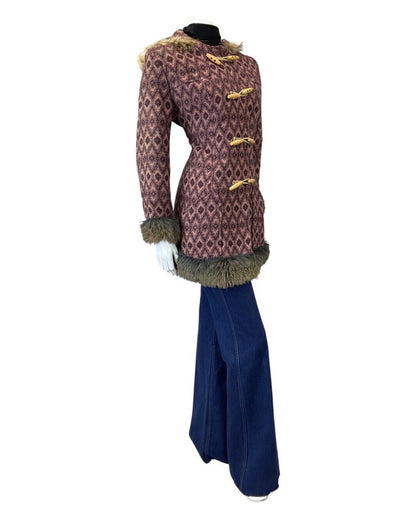 VINTAGE 60s 70s PURPLE PINK IKAT GEOMETRIC TOGGLE HOODED MOD WOOL COAT 14 16