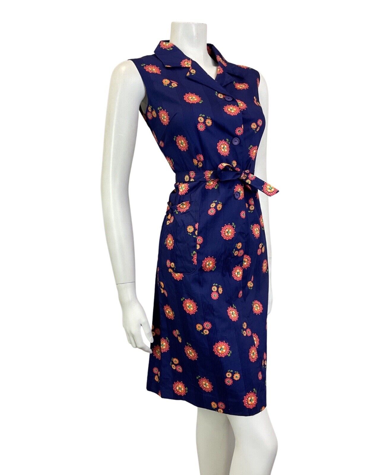 VINTAGE 60s 70s NAVY BLUE PINK ORANGE FLOWER DAISY MOD BELTED SHIRT DRESS 10 12