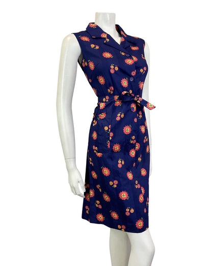VINTAGE 60s 70s NAVY BLUE PINK ORANGE FLOWER DAISY MOD BELTED SHIRT DRESS 10 12
