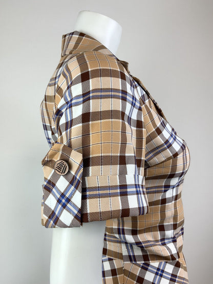 VINTAGE 60s 70s BROWN CREAM WHITE TARTAN PLAID CHECKED MOD SHIRT DRESS 10 12