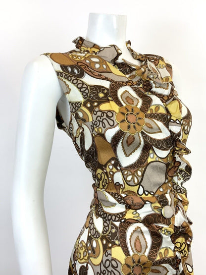 VINTAGE 60s 70s BROWN CREAM YELLOW WHITE PSYCHEDELIC FLORAL RUFFLE DRESS 12