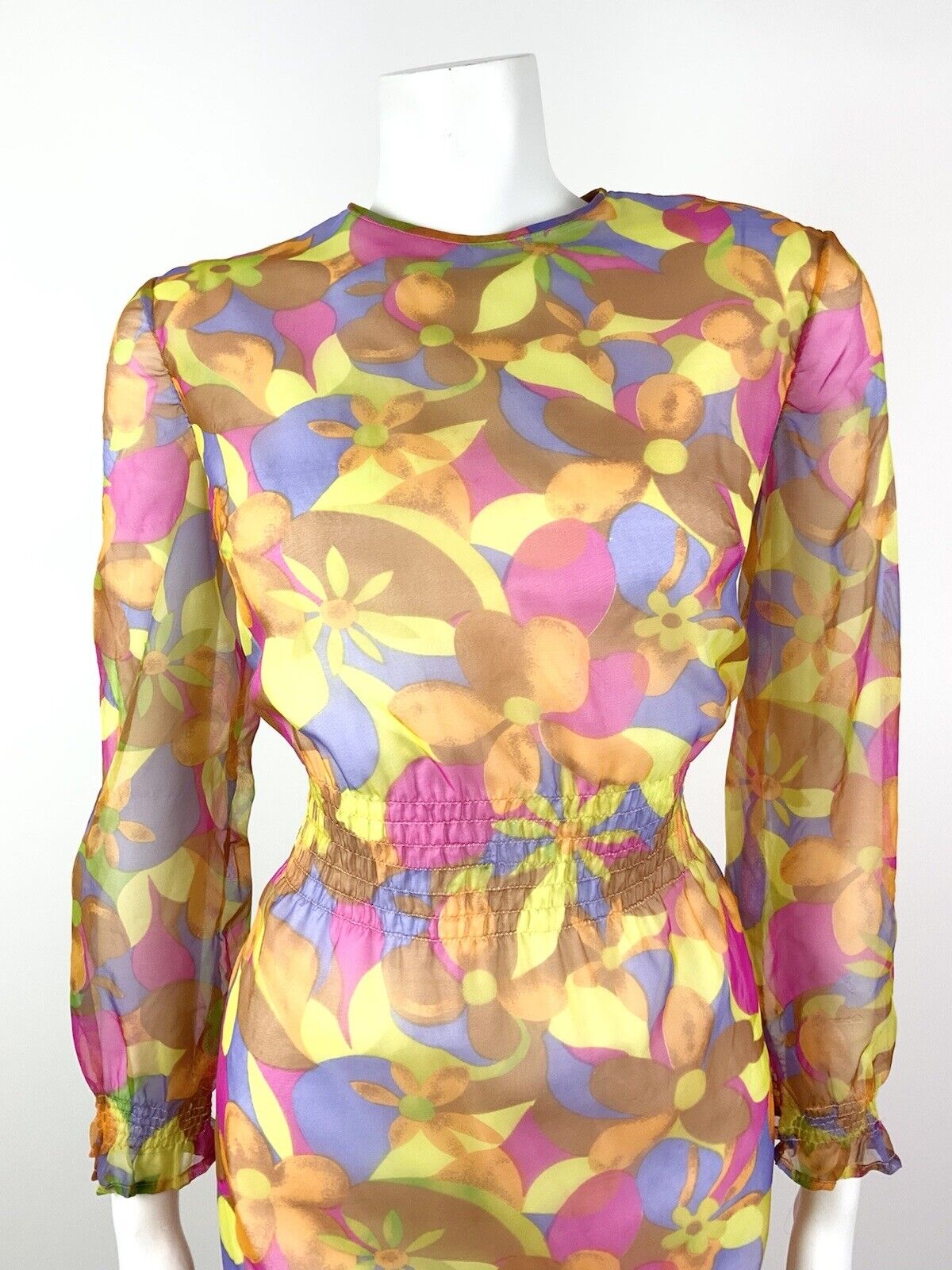 VINTAGE 60s 70s YELLOW PINK PURPLE PSYCHEDELIC FLORAL SHEER MOD DRESS 12 14
