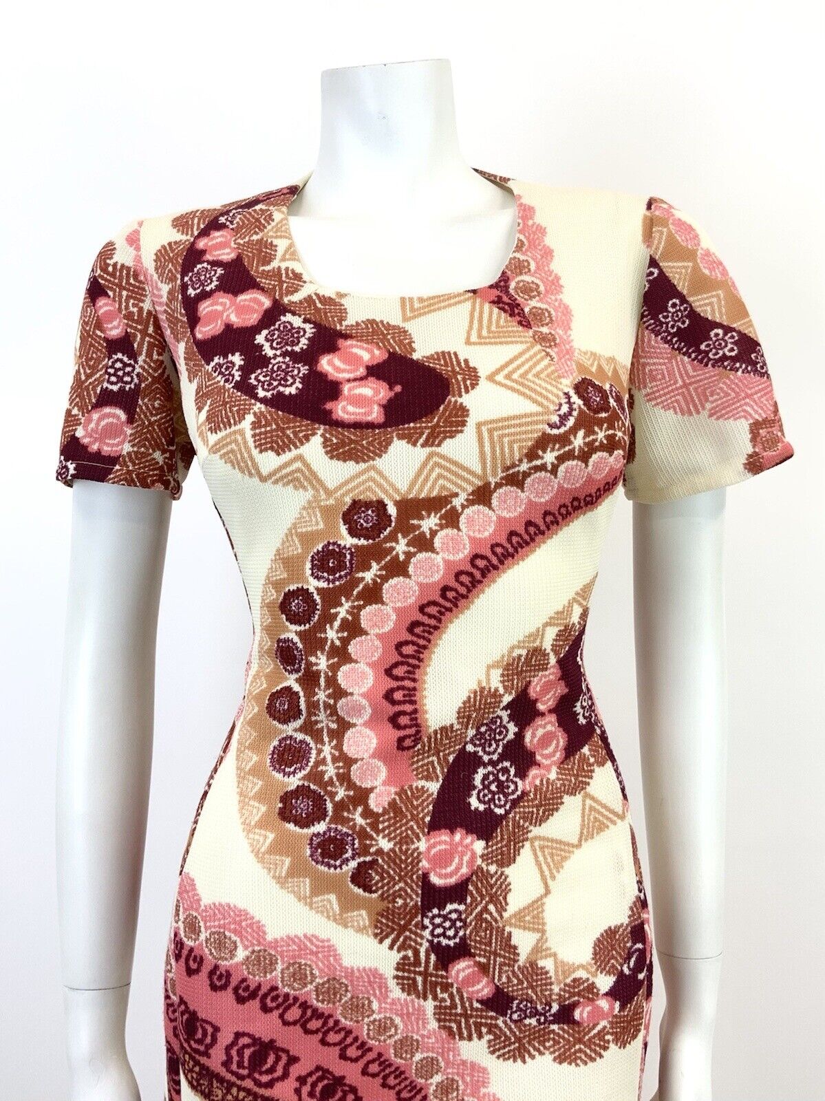 VINTAGE 60s 70s CREAM PINK PURPLE MANDALA HAWAIIAN FLORAL GEOMETRIC DRESS 14 16