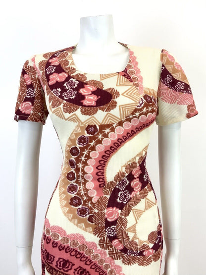 VINTAGE 60s 70s CREAM PINK PURPLE MANDALA HAWAIIAN FLORAL GEOMETRIC DRESS 14 16