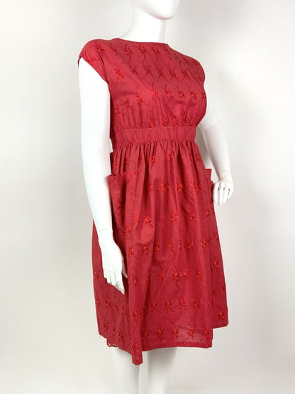 VINTAGE 60s 70s PILLARBOX RED EMBROIDERED FLORAL ANGLAISE SUMMER DRESS 12 14