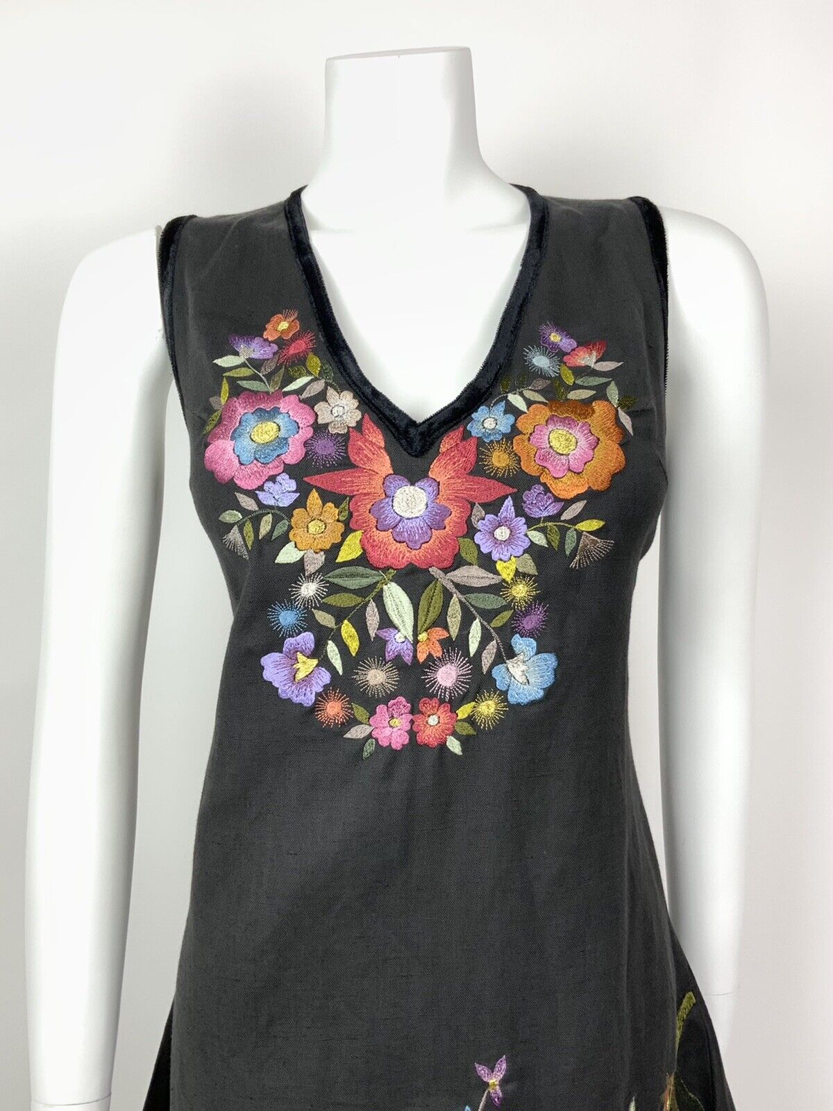 VINTAGE 70s STYLE 90s BLACK RED PURPLE BLUE FLORAL EMBROIDERED DRESS 12 14