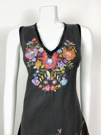 VINTAGE 70s STYLE 90s BLACK RED PURPLE BLUE FLORAL EMBROIDERED DRESS 12 14