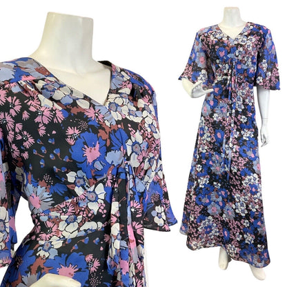 VINTAGE 60s 70s BLUE PINK BLACK FLORAL CAPE SLEEVE SUMMER MAXI DRESS 16 18