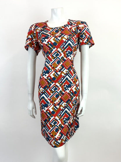 VINTAGE 60s 70s WHITE BLUE RED BRONZE GEOMETRIC DOTTY MOD DRESS 12 14