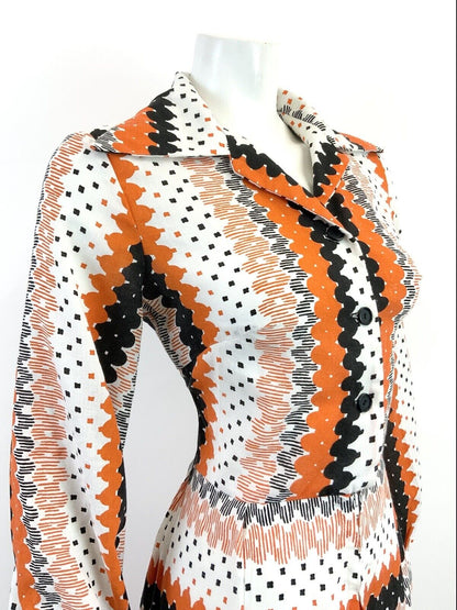 VINTAGE 60s 70s WHITE BLACK ORANGE STRIPED GEOMETRIC MOD DAGGER SHIRT DRESS 10