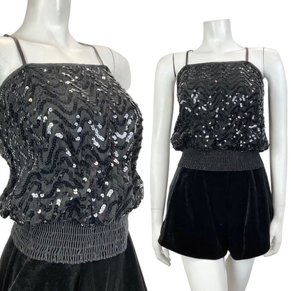 VINTAGE 70s BLACK WAVY SEQUIN BLOUSON SPAGHETTI STRAP STUDIO 54 DISCO TOP 8