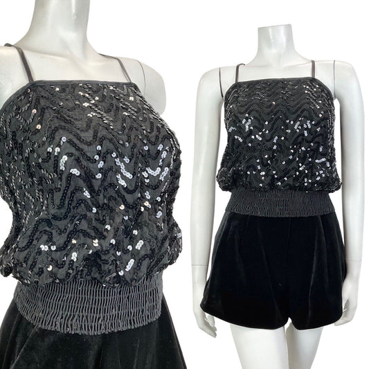 VINTAGE 70s BLACK WAVY SEQUIN BLOUSON SPAGHETTI STRAP STUDIO 54 DISCO TOP 8