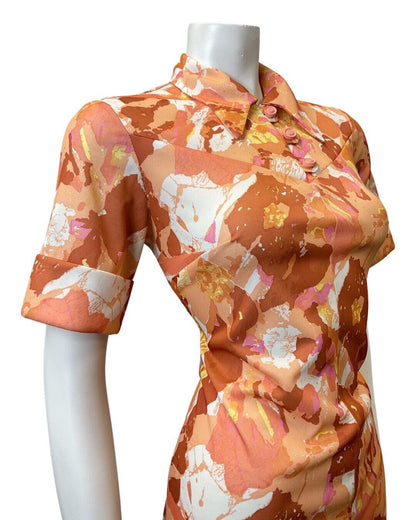 VINTAGE 60s 70s ORANGE PINK BROWN PSYCHEDELIC FLORAL LEAF DAGGER SHIRT DRESS 14