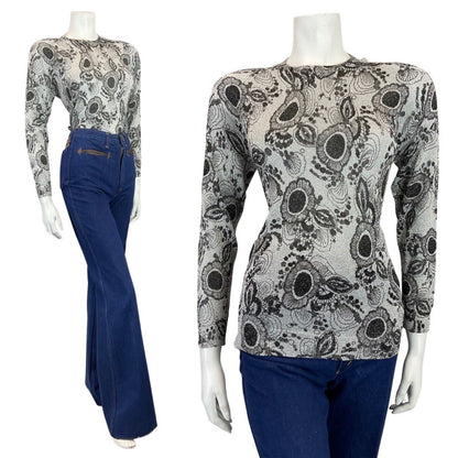 VINTAGE 60s 70s SILVER BLACK PSYCHEDELIC FLORAL MOD KNIT JUMPER TOP 10 12
