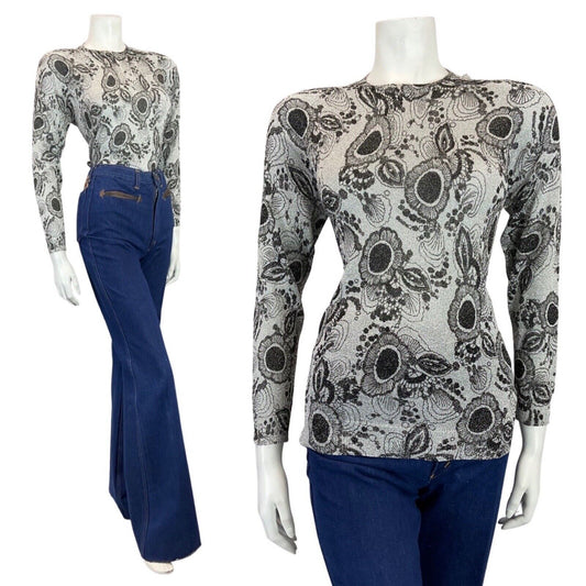 VINTAGE 60s 70s SILVER BLACK PSYCHEDELIC FLORAL MOD KNIT JUMPER TOP 10 12