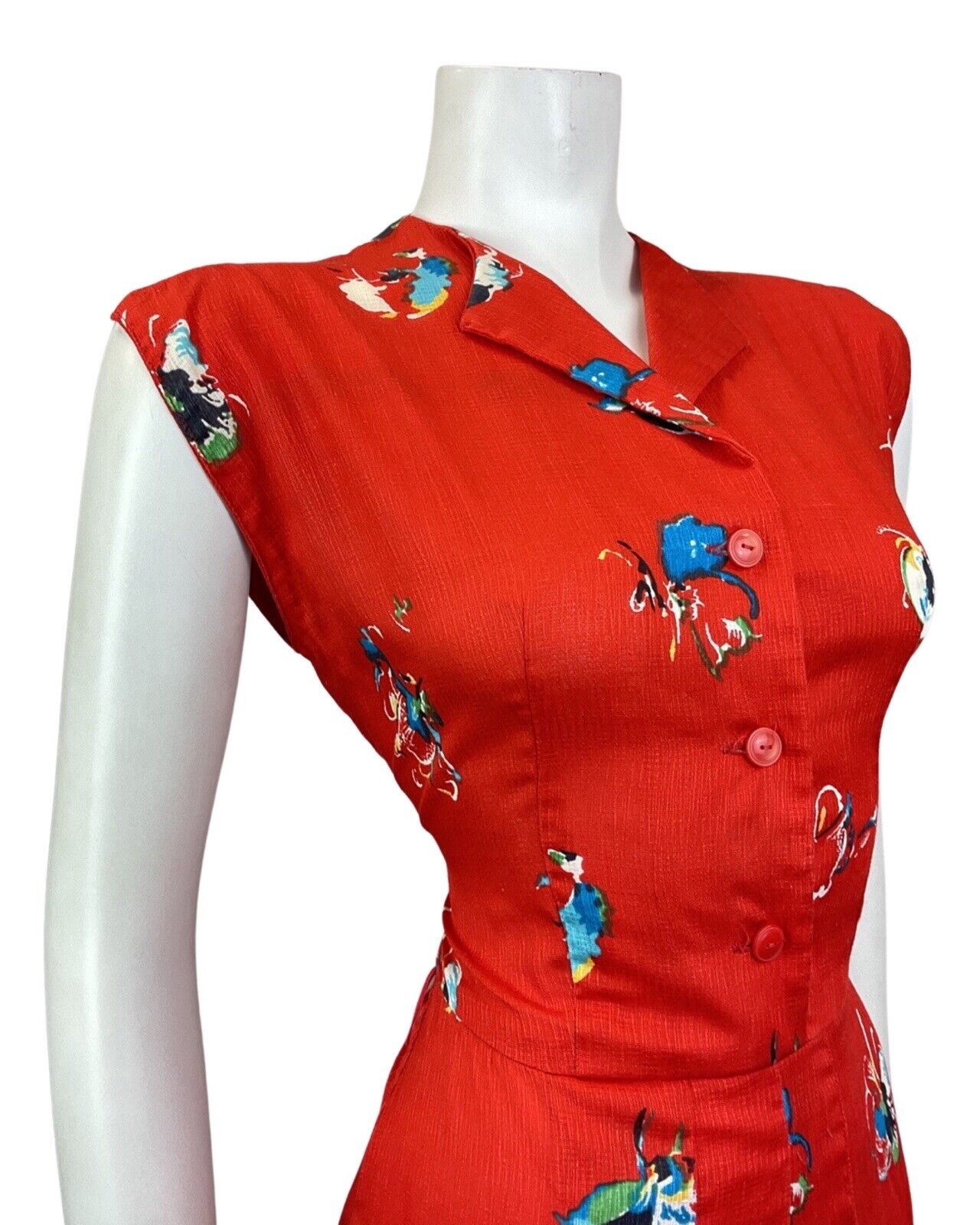 VINTAGE 60s 70s PILLARBOX RED BLUE FLORAL ABSTRACT SLEEVELESS SHIRT DRESS 12 14