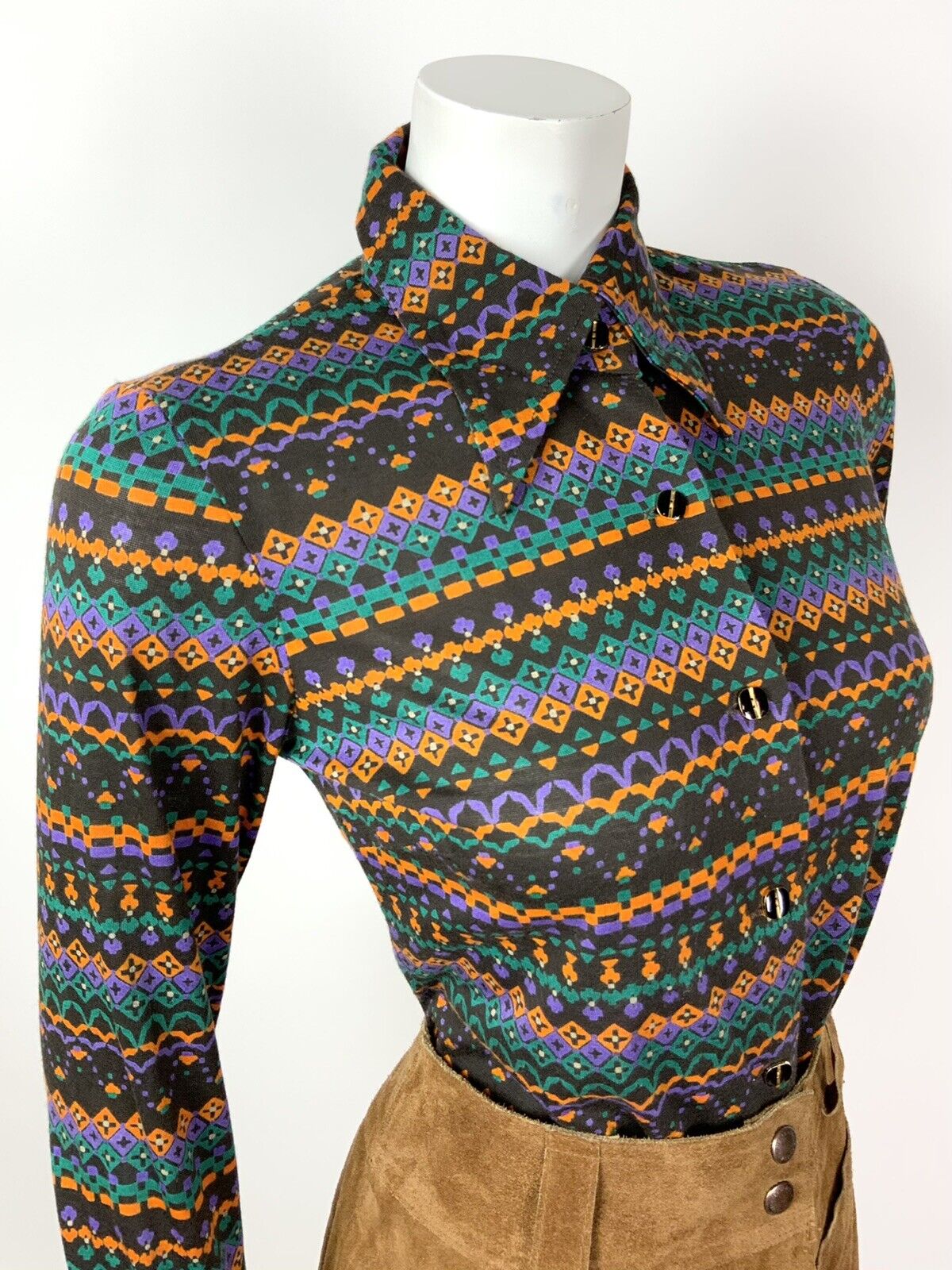 VINTAGE 60s 70s BROWN PURPLE ORANGE GREEN GEOMETRIC AZTEC DAGGER SHIRT 10 12