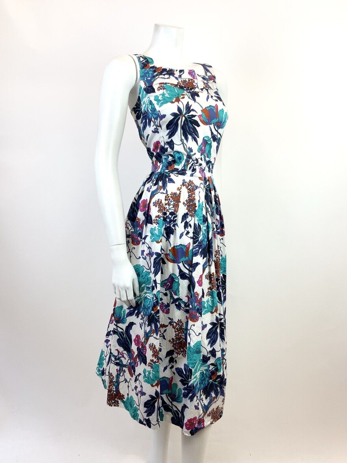 VINTAGE 60s 70s WHITE BLUE BROWN FLORAL SLEEVELESS SWING SUMMER DRESS 10 12