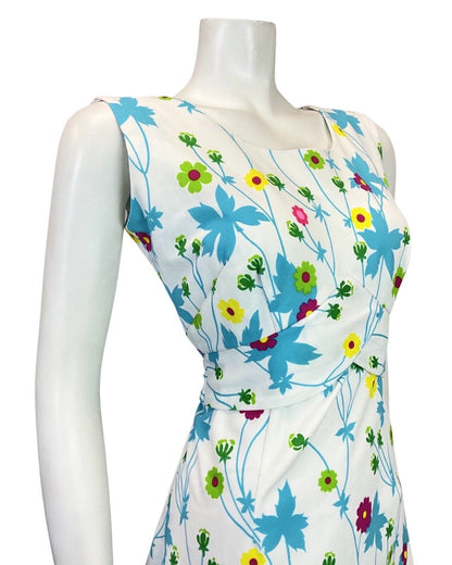 VINTAGE 60s 70s WHITE BLUE GREEN YELLOW FLORAL DAISY MOD SLEEVELESS SUNDRESS 10