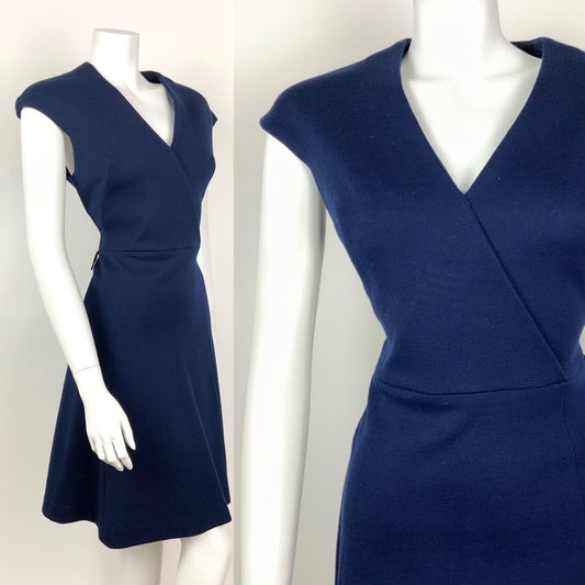 VINTAGE 60s 70s NAVY BLUE V-NECK CAPPED SLEEVE WOOL MOD DRESS 12