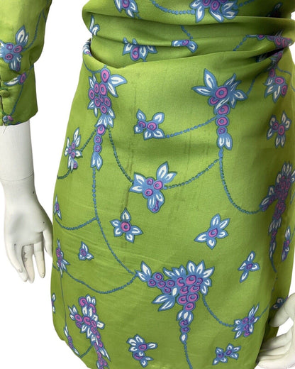 VINTAGE 60s 70s GREEN BLUE FLORAL MOD DAGGER COLLAR RUFFLED SHIFT DRESS 10 12