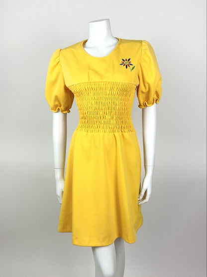VTG 60s 70s SUMMER YELLOW EMBROIDERED FLOWER SHIRRED PUFF SLEEVE MOD DRESS 8 10