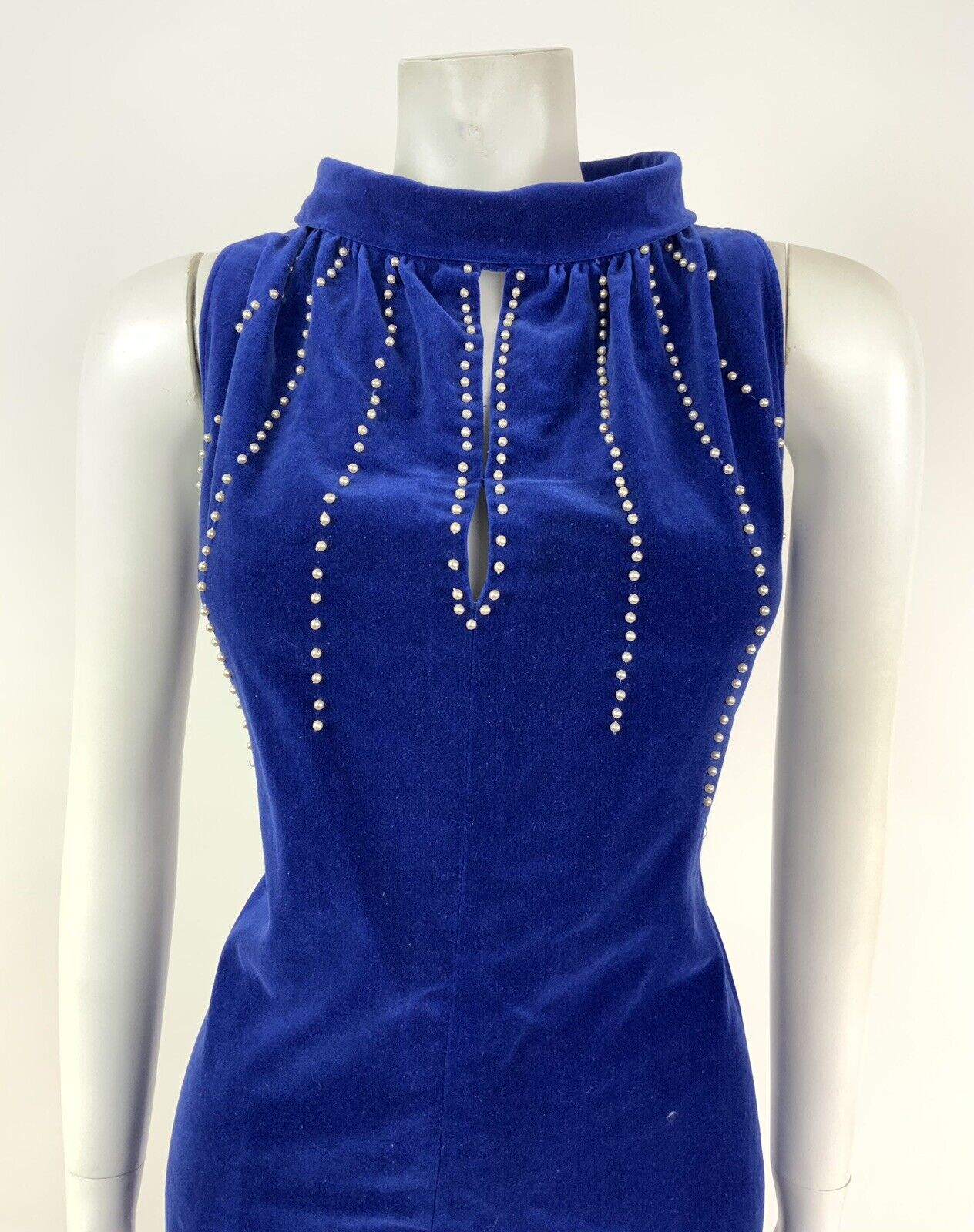 VINTAGE 60s ELECTRIC BLUE PEARL BEADED VELVET WIGGLE CUT OUT DRESS 10 12