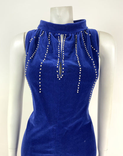 VINTAGE 60s ELECTRIC BLUE PEARL BEADED VELVET WIGGLE CUT OUT DRESS 10 12