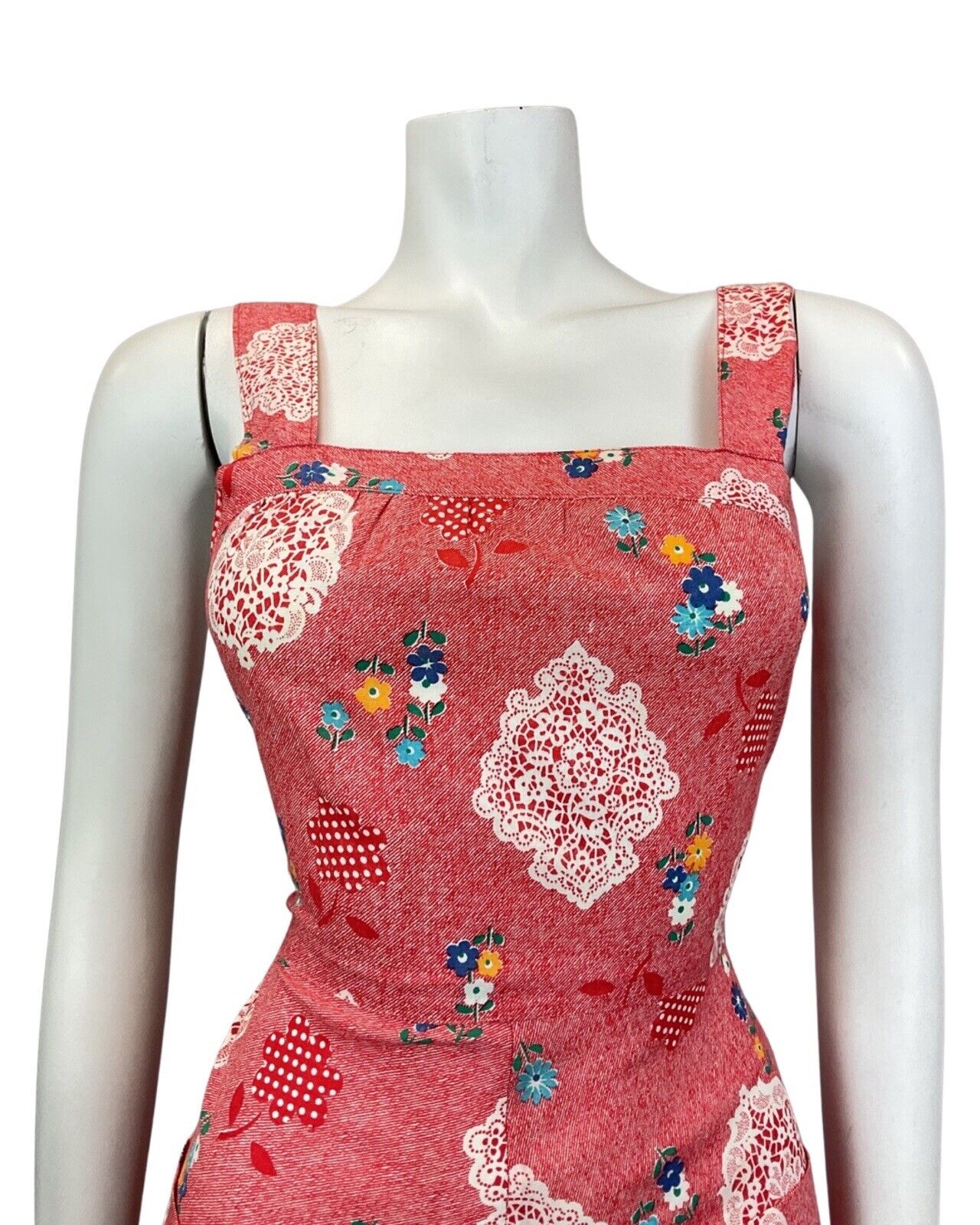 VINTAGE 60s 70s RED WHITE STRIPED DITSY FLOWER LACE PRAIRIE APRON SUN DRESS 8