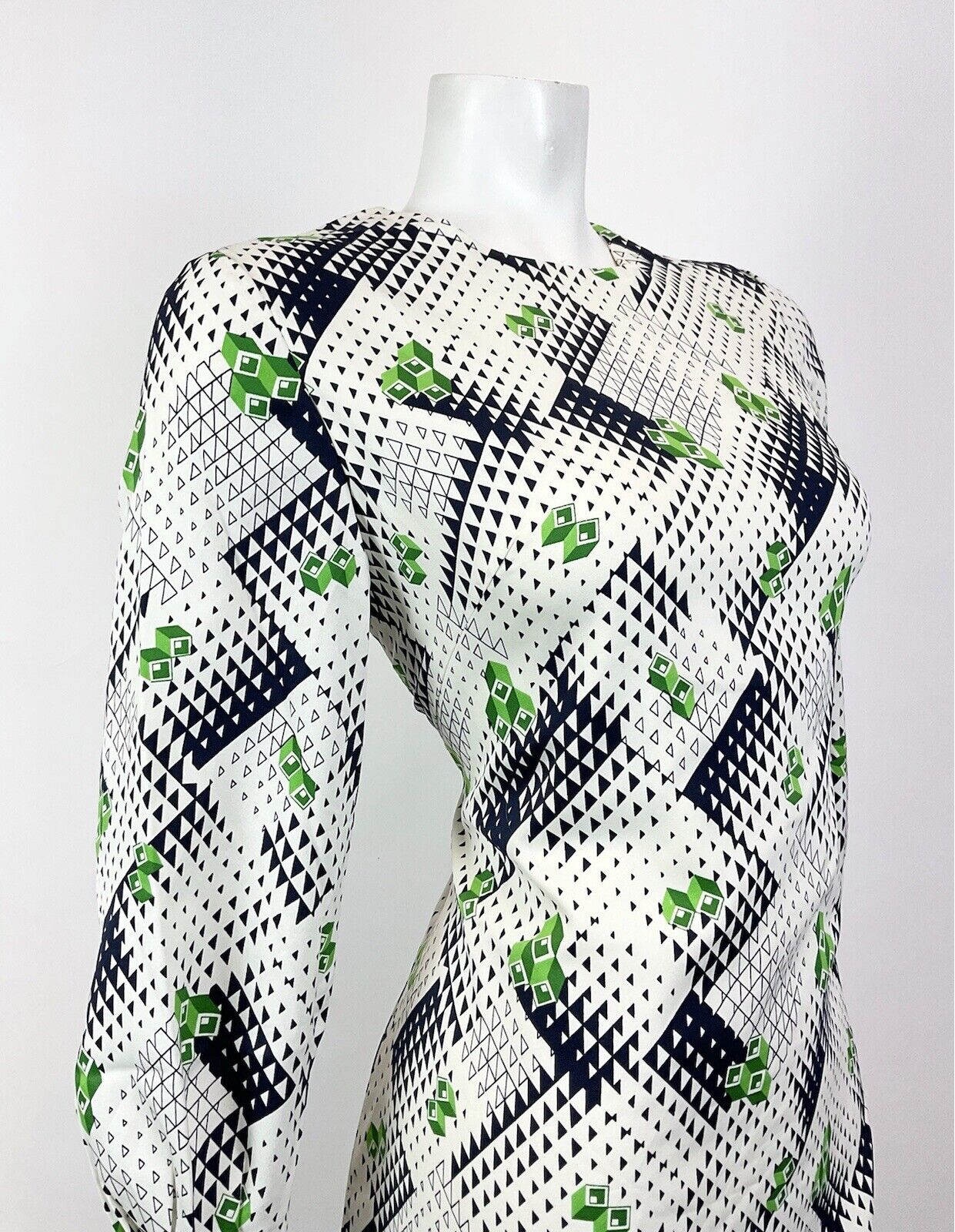 VINTAGE 60s 70s WHITE BLUE GREEN GEOMETRIC OP-ART MOD A-LINE SHORT DRESS 10 12