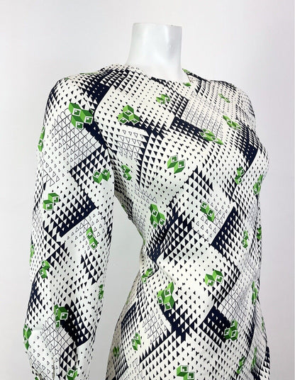 VINTAGE 60s 70s WHITE BLUE GREEN GEOMETRIC OP-ART MOD A-LINE SHORT DRESS 10 12