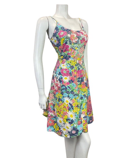 VINTAGE 60s 70s BLUE PINK GREEN FLORAL PSYCHEDELIC STRAPPY SUMMER SUNDRESS 10 12