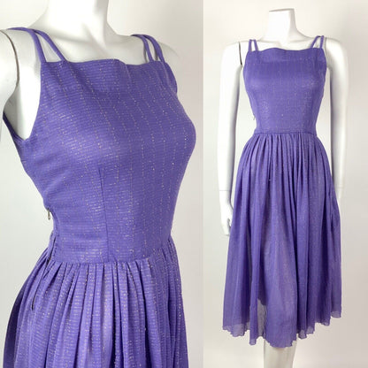 VINTAGE 60s 70s LILAC PURPLE SILVER LUREX STRAPPY STUDIO 54 DISCO DRESS 8