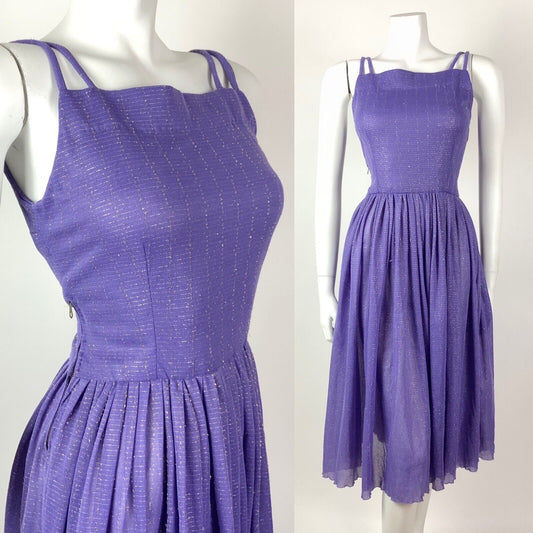 VINTAGE 60s 70s LILAC PURPLE SILVER LUREX STRAPPY STUDIO 54 DISCO DRESS 8