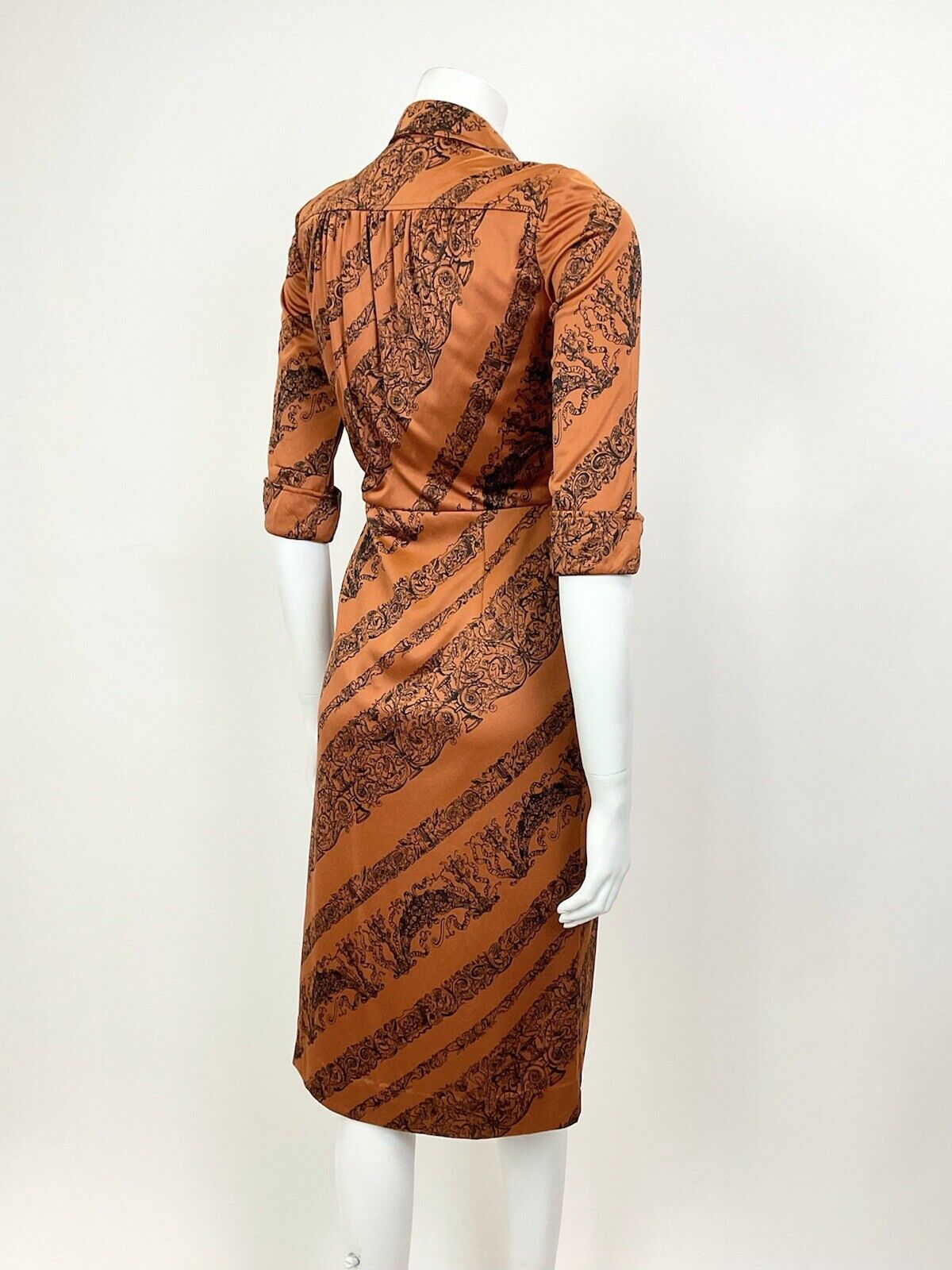 VTG 60s 70s BRONZE ORANGE BLACK ELEGANT FLORAL ACANTHUS CHERUB SHIRT DRESS 8