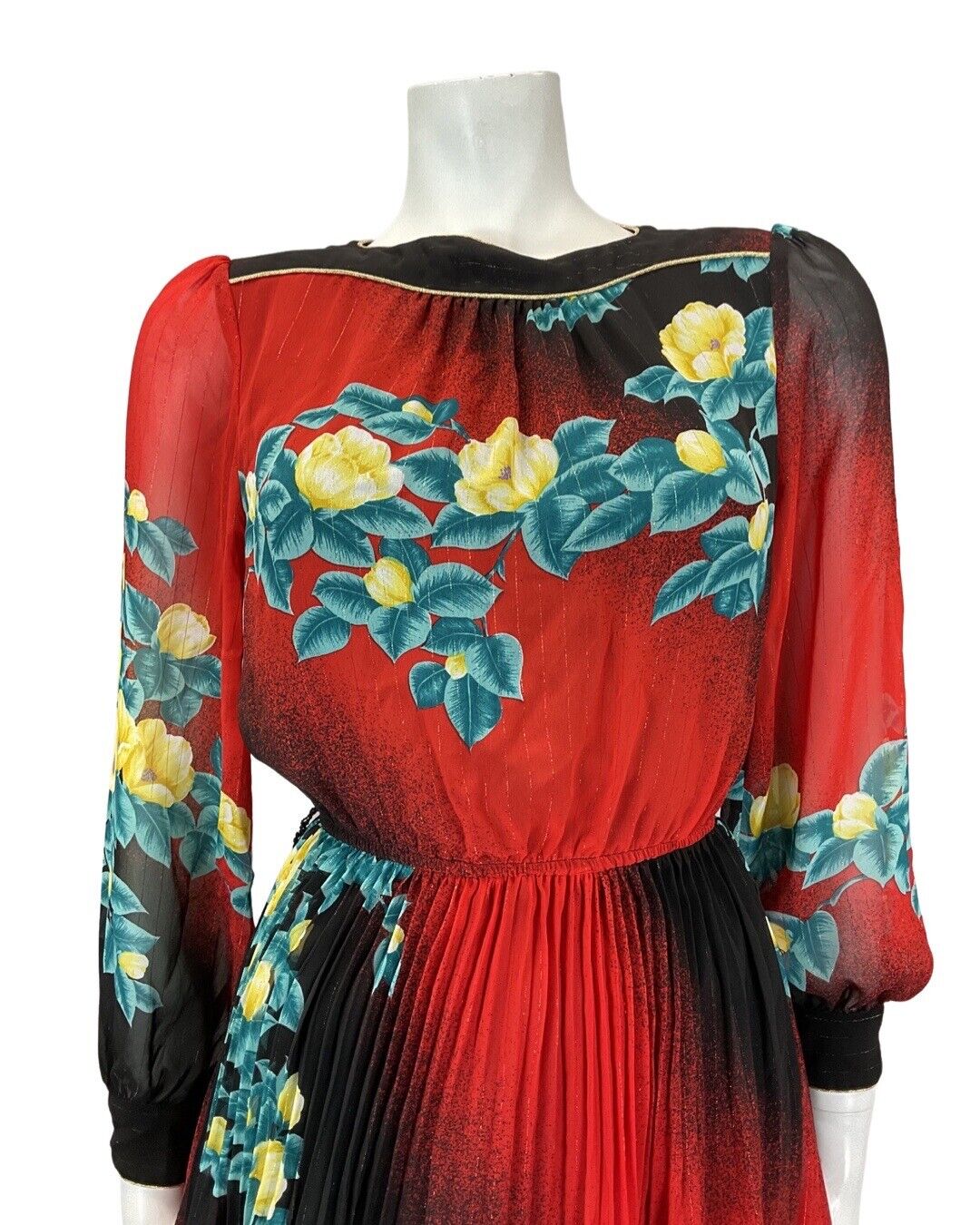 VINTAGE 60s 70s RED BLACK FLORAL SHEER BOHO BLOUSON SWING DRESS 8 10