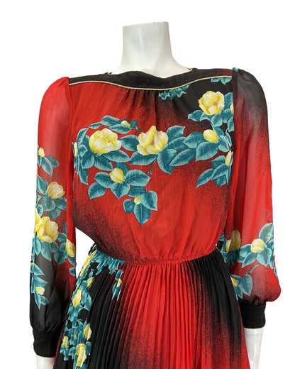 VINTAGE 60s 70s RED BLACK FLORAL SHEER BOHO BLOUSON SWING DRESS 8 10