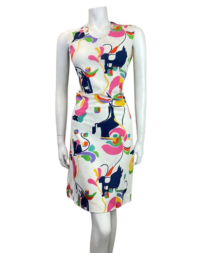 VINTAGE 60s 70s WHITE BLUE PINK GREEN ABSTRACT SLEEVELESS MOD DRESS 14 16