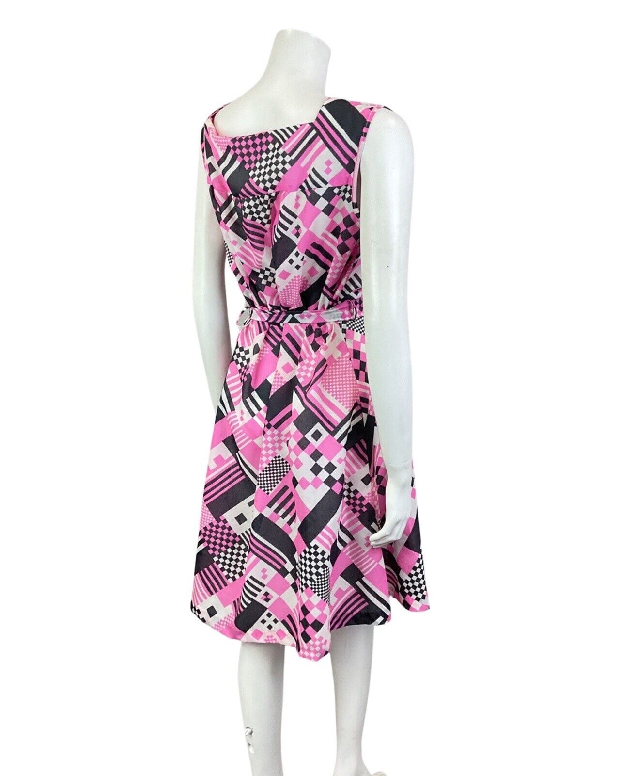 VINTAGE 60s 70s PINK BLACK WHITE GEOMETRIC CHECKERBOARD BELTED MOD DRESS 12 14
