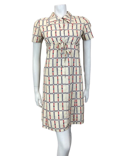 VINTAGE 60s 70s CREAM BLUE RED GEOMETRIC DOTTY DAGGER COLLAR MOD SHIRT DRESS 12