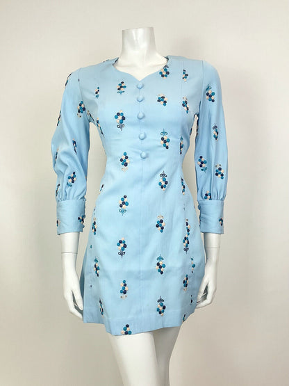 VTG 60s 70s BABY BLUE NAVY CREAM EMBROIDERED ANGLAISE FLORAL SWING DRESS 10 12