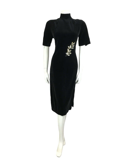 VTG 60S 70S BLACK VEVET GOLD LEAF EMBELLISHED SEQUIN BEADED MIDI PARTY DRESS 4 6